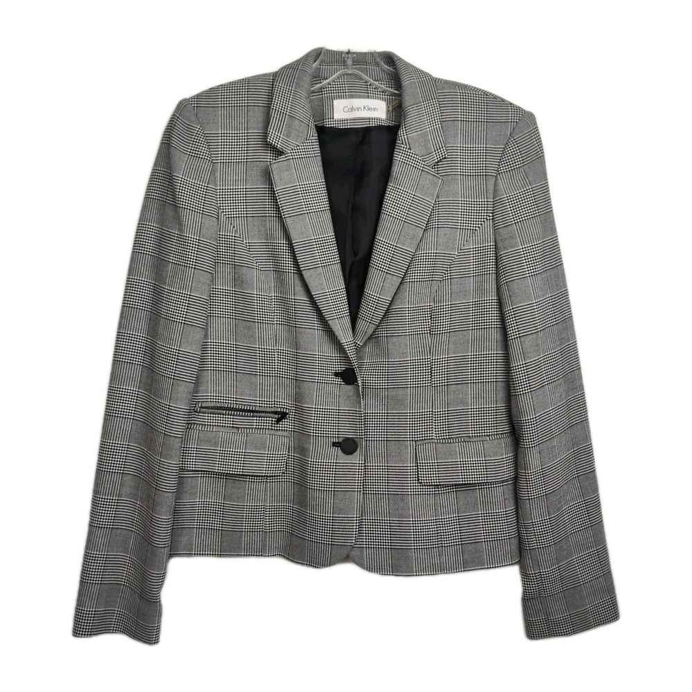 Calvin Klein Blazer Women's 6 Black/White Plaid Long Sleeves Zip Pocket